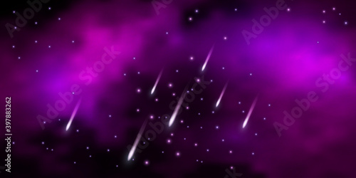 Galaxy space background with shining star nebula and flying meteorites and cloudy mist. Purpla abstract backdrop, vector illustration