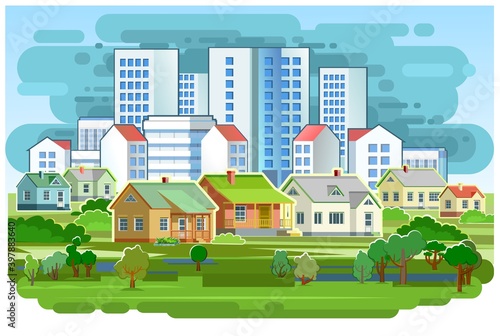 A village in the suburbs of a big city. Cityscape and sky. High-rise buildings, skyscrapers and high-rise buildings. Green park area. Flat style. Vector © WebPAINTER-Std