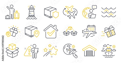 Set of Transportation icons, such as Packing boxes, Parking garage, Waves symbols. Parcel shipping, Connecting flight, Select flight signs. Parcel tracking, Gift, Delivery insurance. Vector