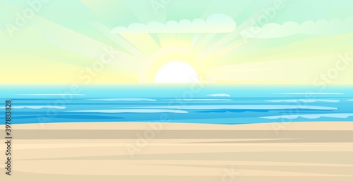 Sea coastal landscape. Flat style illustration. Sandy beach in the ocean, summer sky and distant horizon. Vector © WebPAINTER-Std