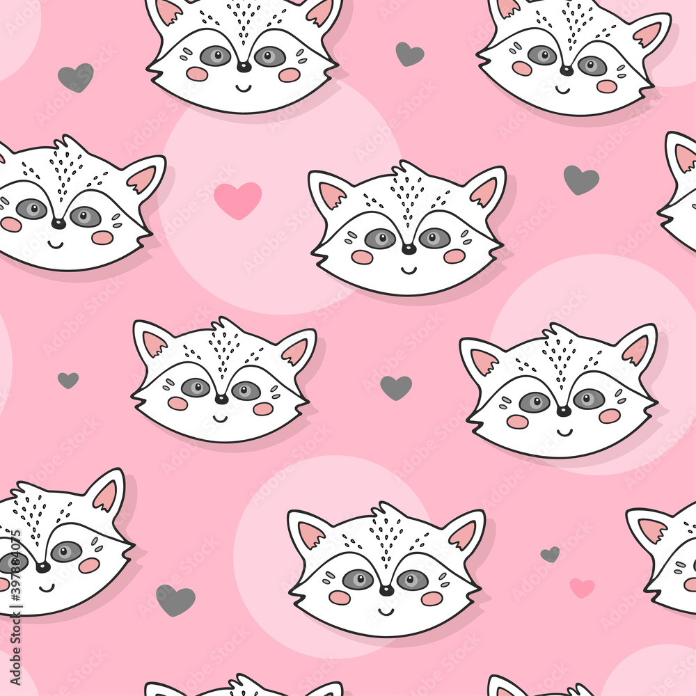 Cute seamless pattern with pretty racoons. Great for baby fabric, textile, wallpaper. Kids cartoon vector background. Pastel Colors.