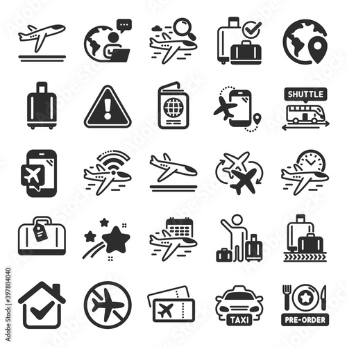 Airport icons. Boarding pass, Baggage claim, Arrival and Departure. Connecting flight, tickets, pre-order food icons. Passport control, airport baggage carousel, inflight wifi. Flat icon set. Vector