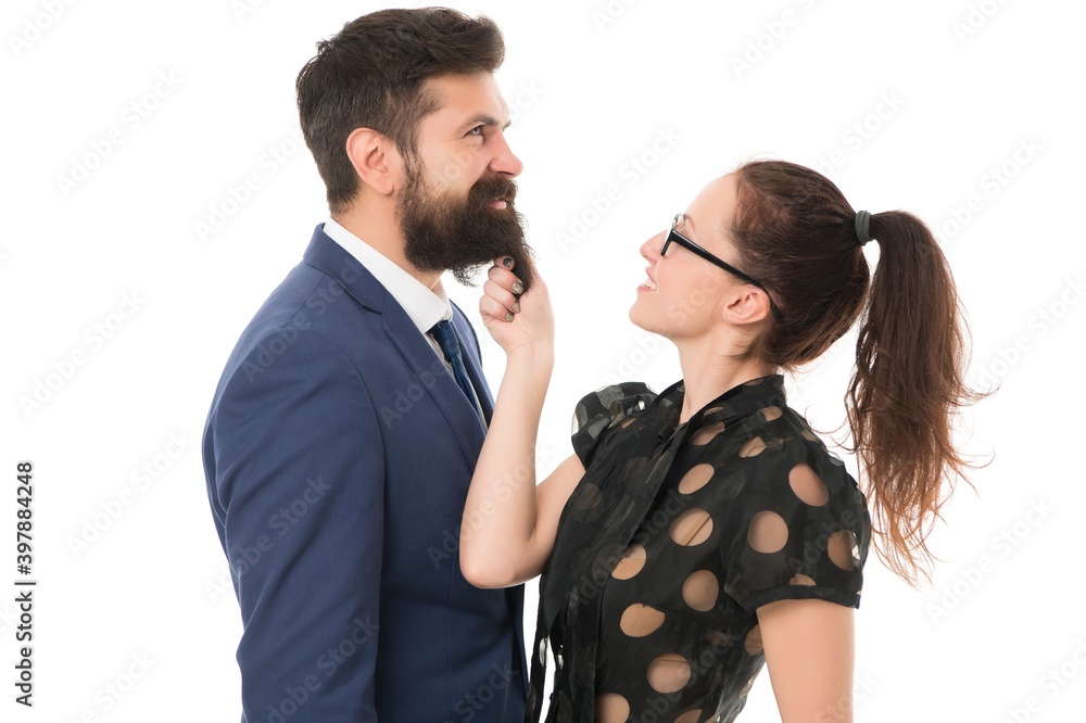 His beard is real. Sensual girl touch hipster beard. Unshaven businessman with long beard hair. Bearded man with stylish mustache and beard shape. Barbershop. Hair salon. Business focused facial hair His beard is real. Sensual girl touch hipster beard. Unshaven businessman with long beard hair. Bearded man with stylish mustache and beard shape. Barbershop. Hair salon. Business focused facial hair