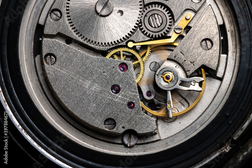 Close-up of gear mechanism of a vintage wrist watch
