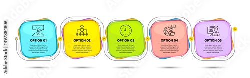 Interview job, Clock and Presentation line icons set. Timeline process flowchart. Restructuring sign. Consulting, Time or watch, Education board. Delegate. Business set. Vector
