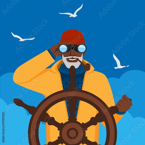 Black male fisherman looking through binoculars standing at helm of boat