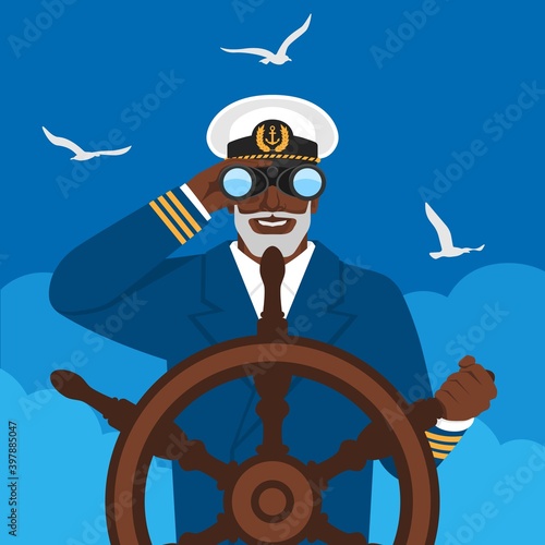 Black male captain looking through binoculars standing at helm of boat