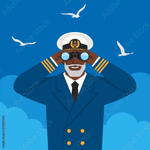 Black male captain looking through binoculars against cloudy sky and seagulls