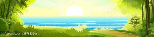 Sea. View from the bank overgrown with trees. The road from the forest. Flat style illustration. Horizon. Vector