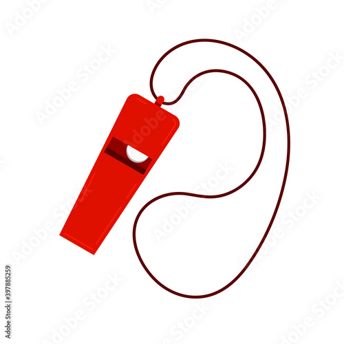 Whistle on a lanyard with ball top view icon isolated on white background. Red sport referee whistle flat design cartoon vector illustration. Sports sign, soccer symbol, coach or trainer equipment