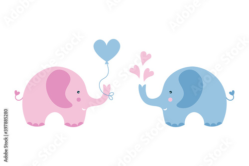 Kids cartoon illustration of two cute elephants. Valentine's day. Baby valentine. Nursery art.