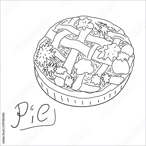 cake black and white doodle. American pie with apples, pumpkin. braided top. vector eps 0. shortbread dough. rustic food style. dessert, sweet. homemade food, delicious pastries. coloring.