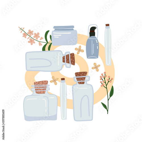 The concept of organic natural cosmetics composition. Glass Tubes of lotion, oil, cream, serum. On the background of green leaves, plants, abstract shapes. Flat style vector illustration.