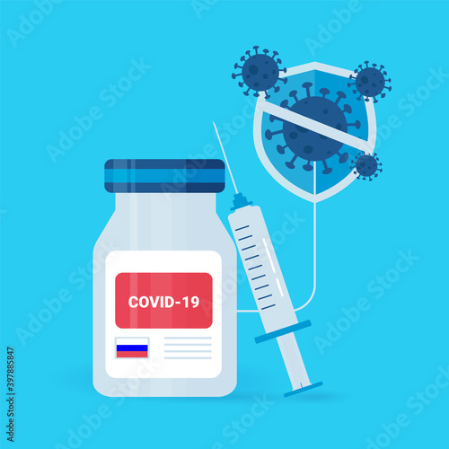 Infographic of the Russian sign covid - 19 vaccine with a syringe. Concept of protection against coronavirus. On a blue isolated background.