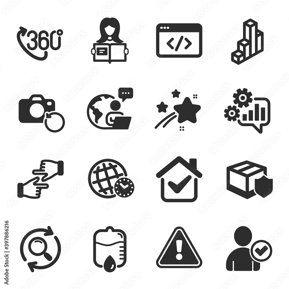 Set of Business icons, such as 3d chart, Click hands, 360 degree symbols. Search, Drop counter, Recovery photo signs. Delivery insurance, Woman read, Seo script. Identity confirmed. Vector Set of Business icons, such as 3d chart, Click hands, 360 degree symbols. Search, Drop counter, Recovery photo signs. Delivery insurance, Woman read, Seo script. Identity confirmed. Vector