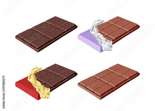 Set of chocolate bars. Black and milk chocolate in a wrapper and open isolated on a white background. Vector illustration of sweets in cartoon flat style.