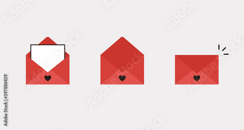 Set flat icon vector letters in open and closed envelopes. Receive and send messages. Postcards for holidays, Merry Christmas, New Year and Valentines day. Red