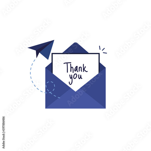 Letter in an envelope with thanks or thank you on white background icon. Send to email, mail. Blue. Flat design. On white background