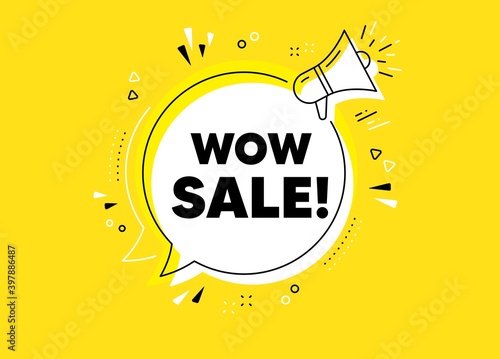 Wow Sale. Megaphone yellow vector banner. Special offer price sign. Advertising Discounts symbol. Thought speech bubble with quotes. Wow sale chat think megaphone message. Vector