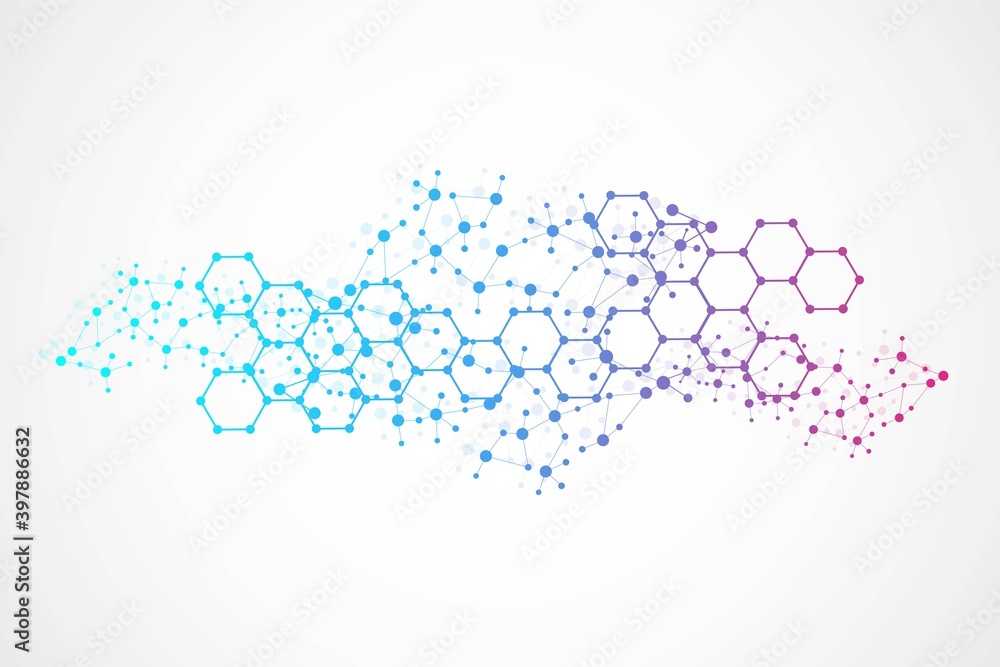 Structure molecule and communication. Dna, atom, neurons. Scientific concept for your design. Connected lines with dots. Medical, technology, chemistry, science background. Vector illustration.