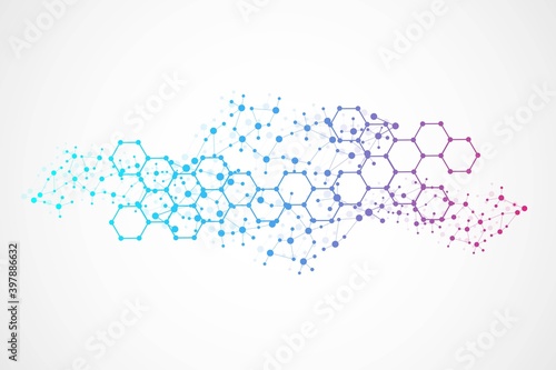 Structure molecule and communication. Dna, atom, neurons. Scientific concept for your design. Connected lines with dots. Medical, technology, chemistry, science background. Vector illustration.