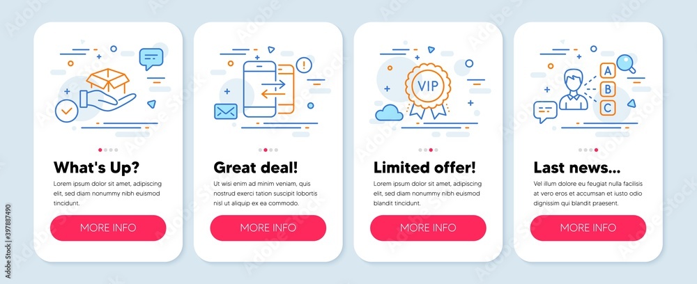 Set of Business icons, such as Phone communication, Hold box, Vip award symbols. Mobile screen banners. Opinion line icons. Incoming and outgoing calls, Delivery parcel, Exclusive privilege. Vector