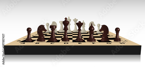 Brown and beige chess game pieces, figures on chess board. Logical tactical turn-based game, chess tournament, sport game, hobby and interests, highly intellectual occupation. Vector illustration. 