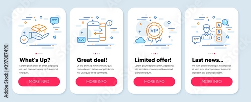 Set of Business icons, such as Phone communication, Hold box, Vip award symbols. Mobile screen banners. Opinion line icons. Incoming and outgoing calls, Delivery parcel, Exclusive privilege. Vector