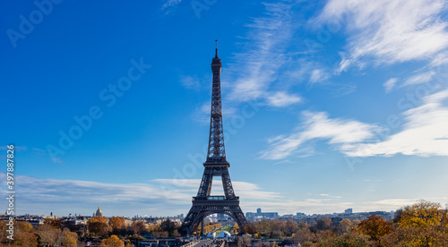 The Eiffel Tower on a beautiful autumn day in Paris