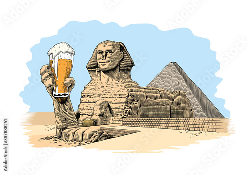 Egyptian great sphinx drinking beer. Pyramid on background. Comic style vector illustration. Poster, greeting card or t-shirt print design.