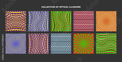 Optical illusion. Vector set of bright colored backgrounds.