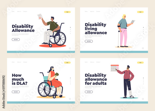 Set of landing pages with disabled people and disability living allowance concept