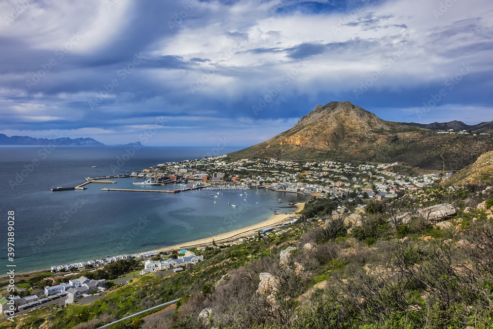 Aerial view of Simon's Town and its harbor. Simon's Town (Simonstad or Simonstown) - town near Cape Town, it is located on shores of False Bay, on eastern side of the Cape Peninsula. South Africa.