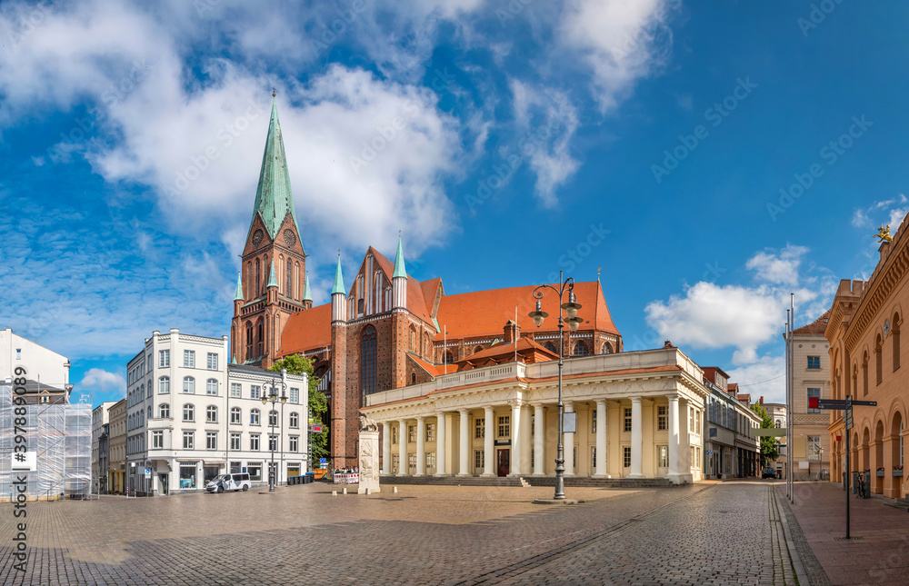 Schwerin, Germany. Panoramic view of Marktplatz square and  Cathedral 
