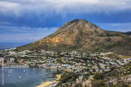 Aerial view of Simon's Town and its harbor. Simon's Town (Simonstad or Simonstown) - town near Cape Town, it is located on shores of False Bay, on eastern side of the Cape Peninsula. South Africa.