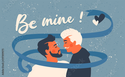 Male gay couple. Two kissing men. Be mine! Text. Lgbtq+ and romantic love concept. Homosexual greeting card for Valentine's Day. Blue ribbon. 