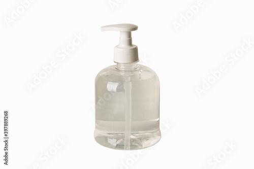 plastic transparent bottle with liquid soap on white background