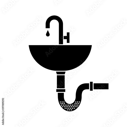 Sink vector icon. Sink with blocked pipe. Clog in pipe. Drain cleaning filled black icon.
