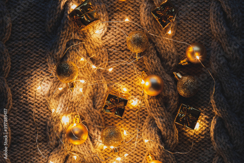 Christmas hygge background with christmas decor and festive, top view