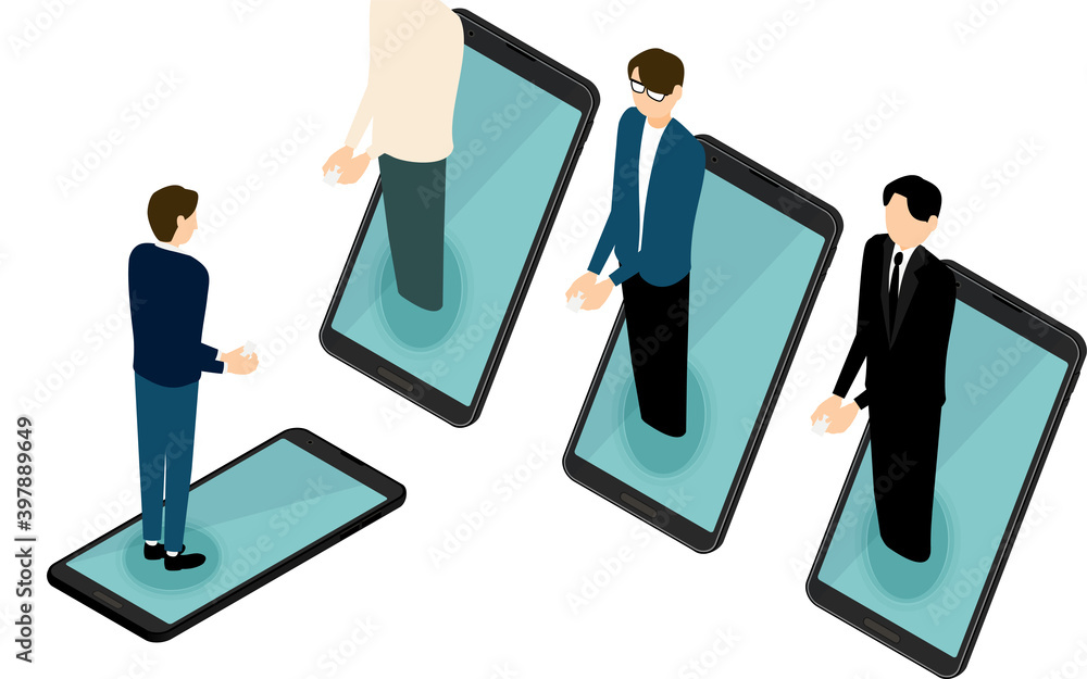オンラインで名刺交換をするビジネスマンの男性、アイソメトリック