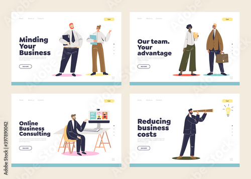 Set of landing pages with business consultation and strategy of development concept