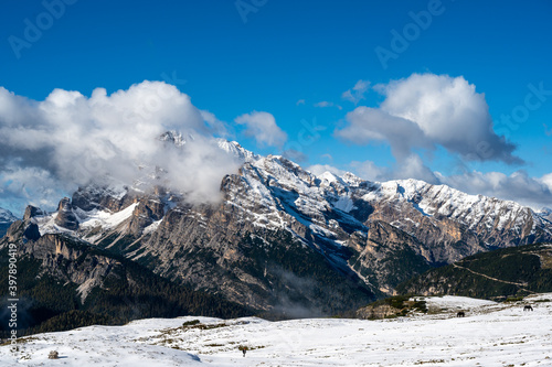 First snow in the Italian dolomites during autumn. World heritage in South Tyrol in Italy.