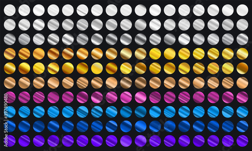 Big set of metallic color gradients. Gold, bronze, silver, blue, violet and purple texture gradation background collection. Set of gradient colors.