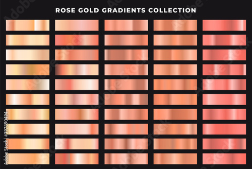 Set of rose gold gradients collection. Foil texture backgrounds. Elegant, shiny and bright gradient collection for chrome button, frame, ribbon, border, label design.