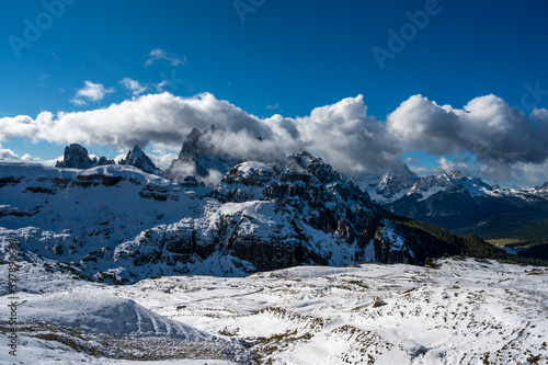 First snow in the Italian dolomites during autumn. World heritage in South Tyrol in Italy.