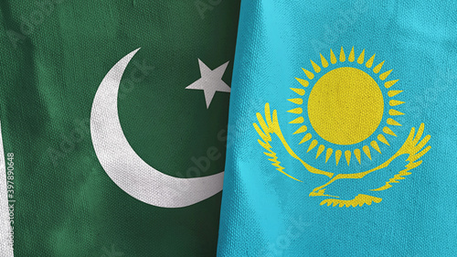 Kazakhstan and Pakistan two flags textile cloth 3D rendering photo