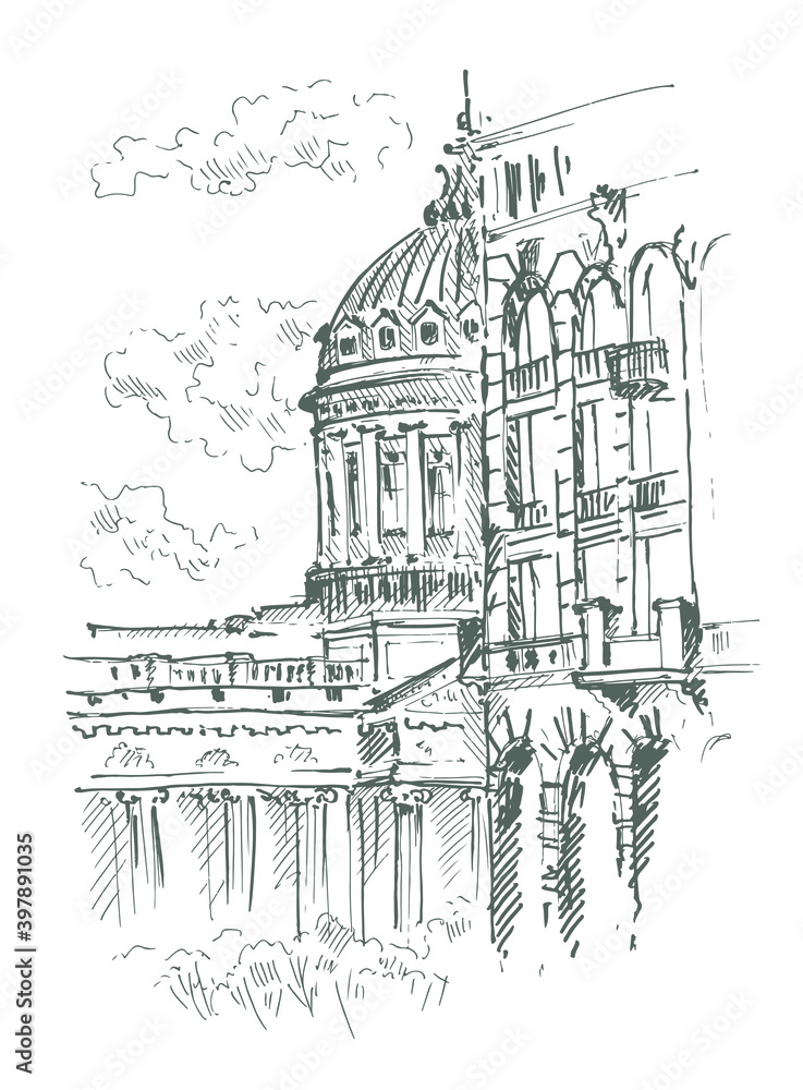 Hand drawn Kazan Cathedral, Saint Petersburg. Sketch, vector illustration.