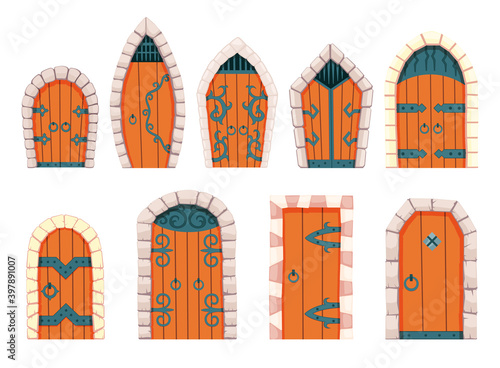Fairytale doors medieval. Element of medieval castle or fortres. Wooden portals with stone arch, forged metal hinges. Vector cartoon gate isolated on white background