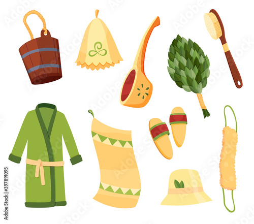 Bath house sauna elements. Equipment set broom bucket towel slippers bathrobe washcloth hat and scoop. Collection for pleasure and relaxing. Steam bath accessories vector illustration