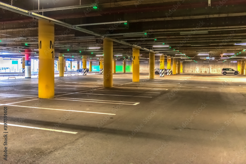 Parking for cars in the basement of the hypermarket